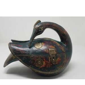 Vintage Wood & Brass Handpainted Swan Trinket Box